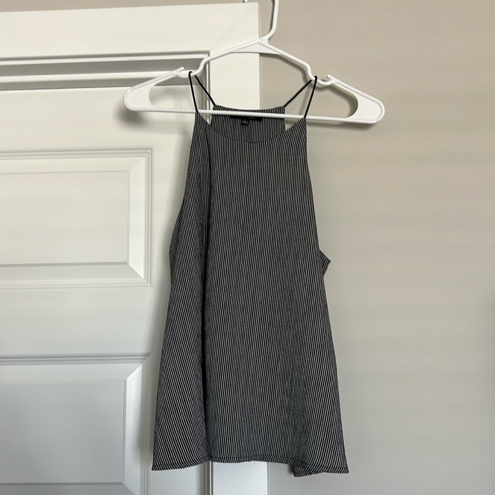 Navy and white pinstripe spaghetti strap blouse